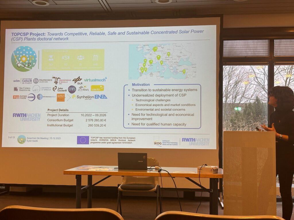 Eylül Gedik presented the TOPCSP project and the project aims to the SolarHub project consortium